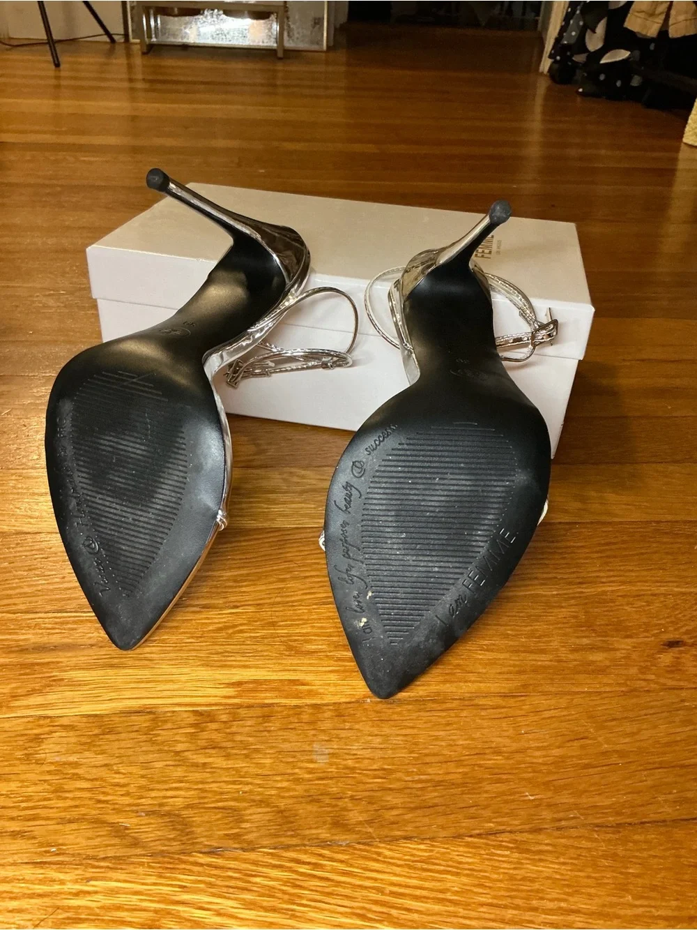 FEMME LA Silver Metallic Stiletto Ankle-Strap Sandal